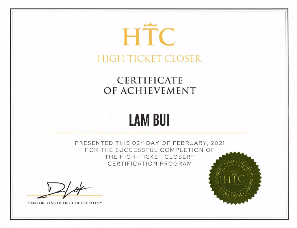 Chứng nhận HTC High Ticket Closer